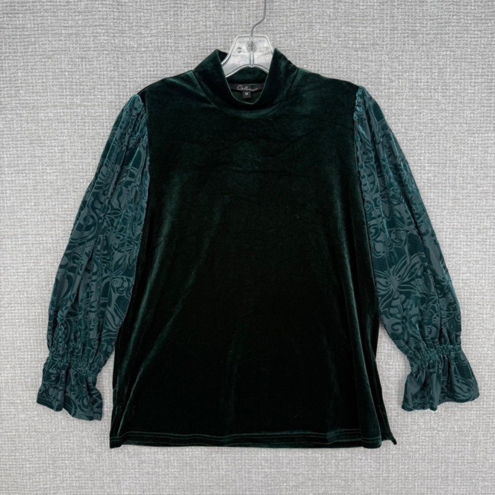 Caleaoo Velvet Whimsigoth Mock Neck Top Women M Green Stretch Flowy Goth Boho - Picture 1 of 10